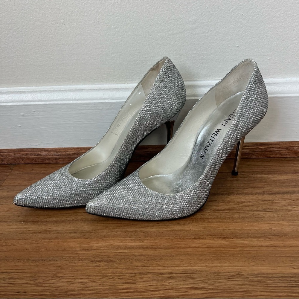 Stuart Weitzman Silver Sparkle Pointed High Heel … - image 1